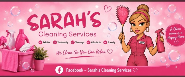 Sarah's Cleaning Services pink banner featuring the business mascot
